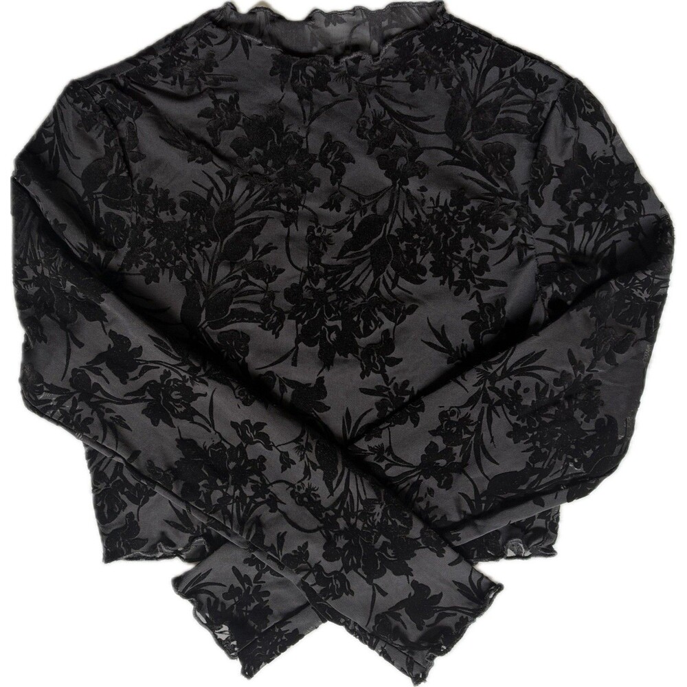 Womens Velvet Burnout Mesh Crop Top L Black Sheer Floral Mock Neck Long Sleeve